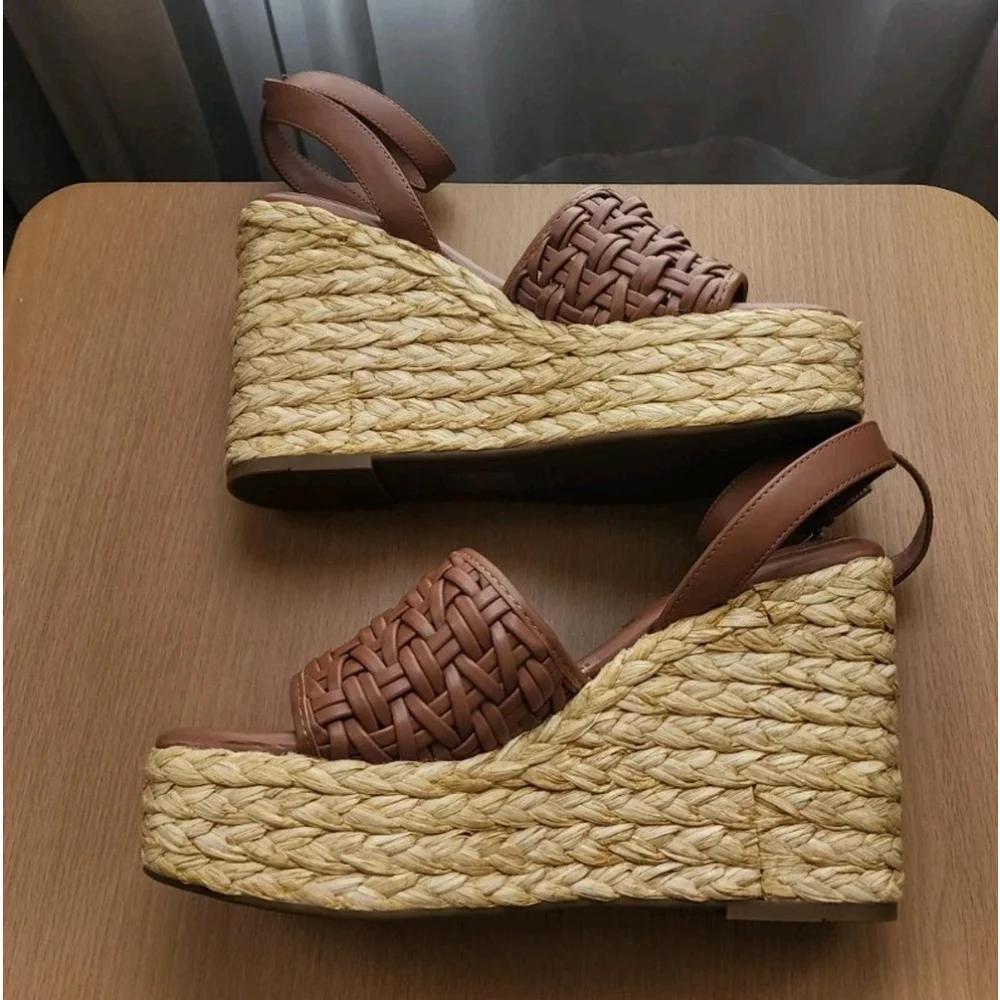 Marc Fisher Women Braided Raffia Chunky Platform Sandals 10 M Cognac Brown